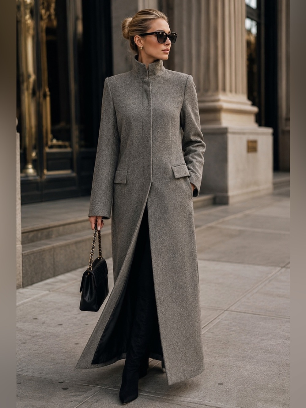 Theory wool high neck hidden button long maxi coat Front back slit Sz S
